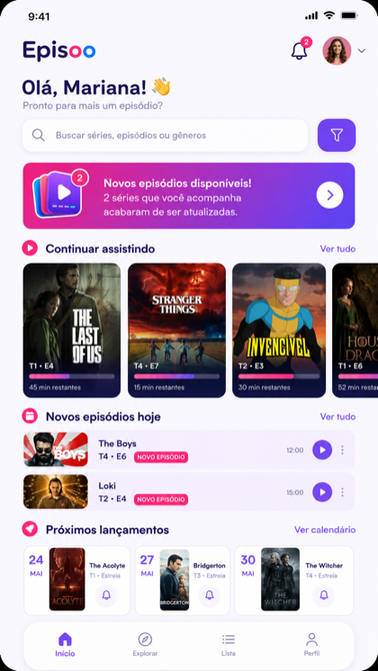 Tela inicial do app Episoo